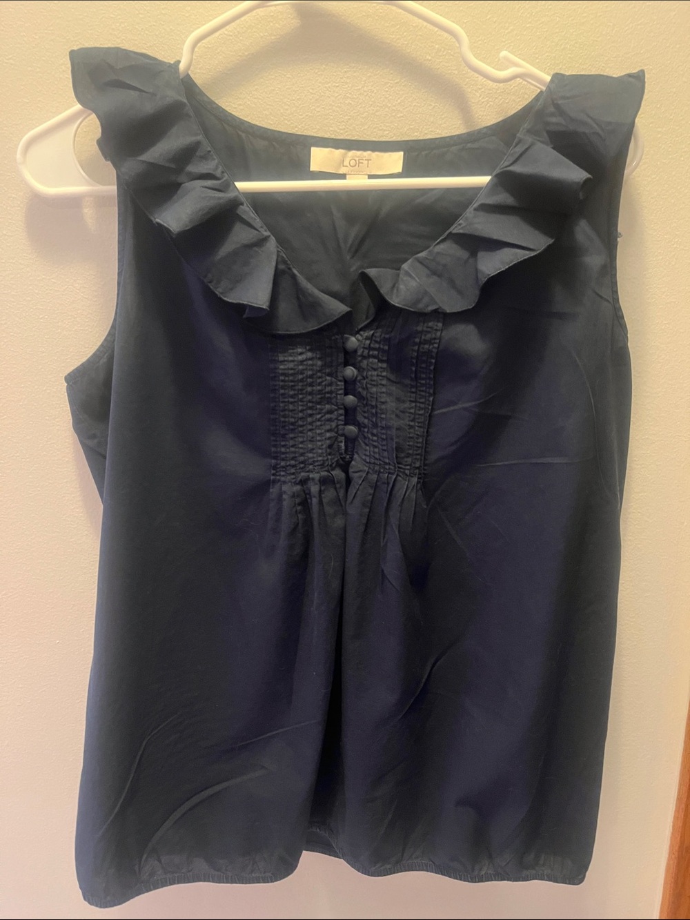 LOFT Navy Ruffle Neck Sleeveless Top